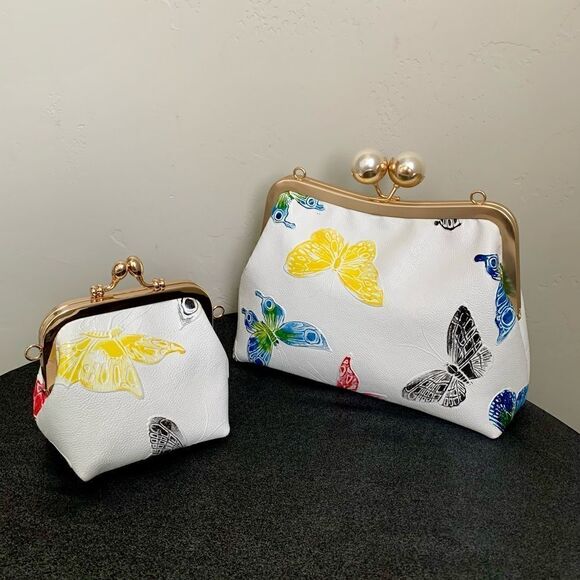 Handmade Genuine Leather Butterfly Embossed Kisslock Clutch with Small Purse Set - Picture 3 of 16